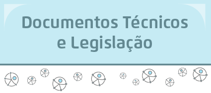 A arte apresenta uma divisão entre duas cores, azul e branco. Na parte de cima, azul, está o título "Documentos técnicos e Legislação"